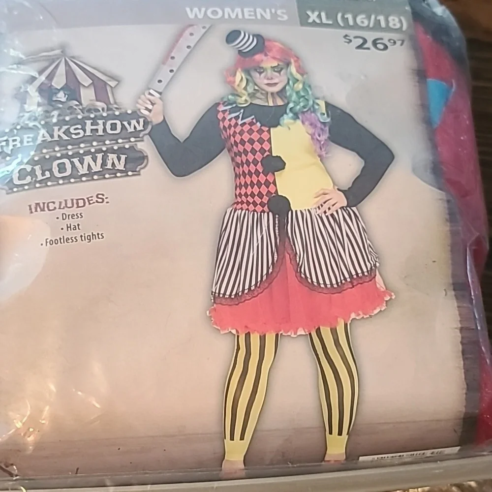 Adult Freakshow Clown Costume with Dress and Hat Size XL 16/18